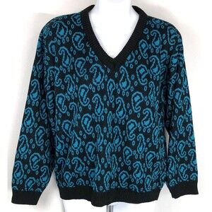 Vintage 80s jam knits pullover sweater M/L turquoise blk geometric neck retro
